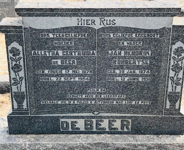 BEER Jan Hendrik Robbertse, de 1874-1951 &amp; Alletha Gertruida FOURIE 1878-1954