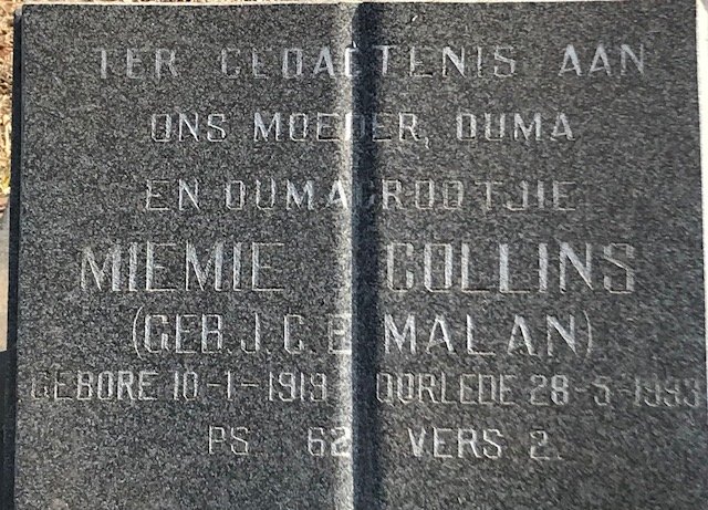 COLLINS J.C.E. Miemie nee MALAN 1919-1993