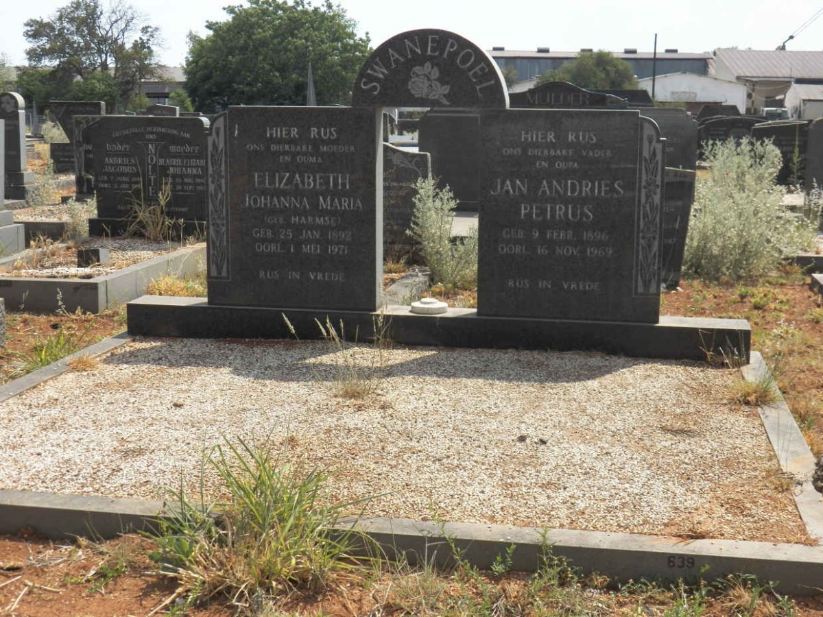 SWANEPOEL Jan Andries Petrus 1896-1969 & Elizabeth Johanna Maria HARMSE 1892-1971