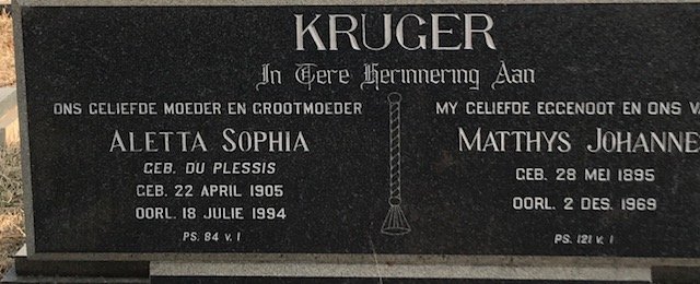 KRUGER Matthys Johannes 1895-1969 &amp; Aletta Sophia DU PLESSIS 1905-1994