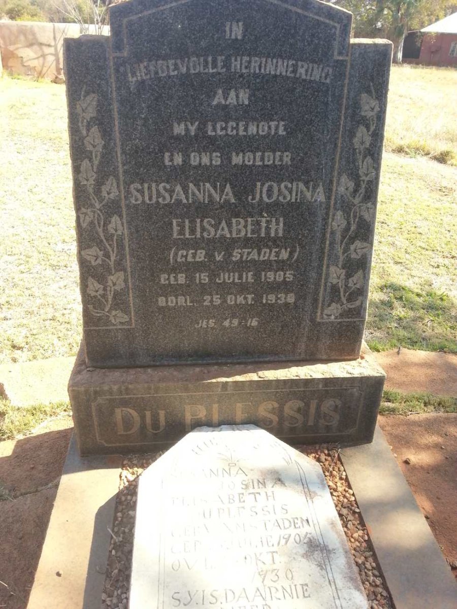 PLESSIS Susanna Josina Elisabeth, du nee V. STADEN 1905-1930