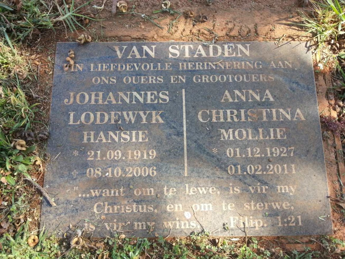 STADEN Johannes Lodewyk, van 1919-2006 &amp; Anna Christina 1927-2011