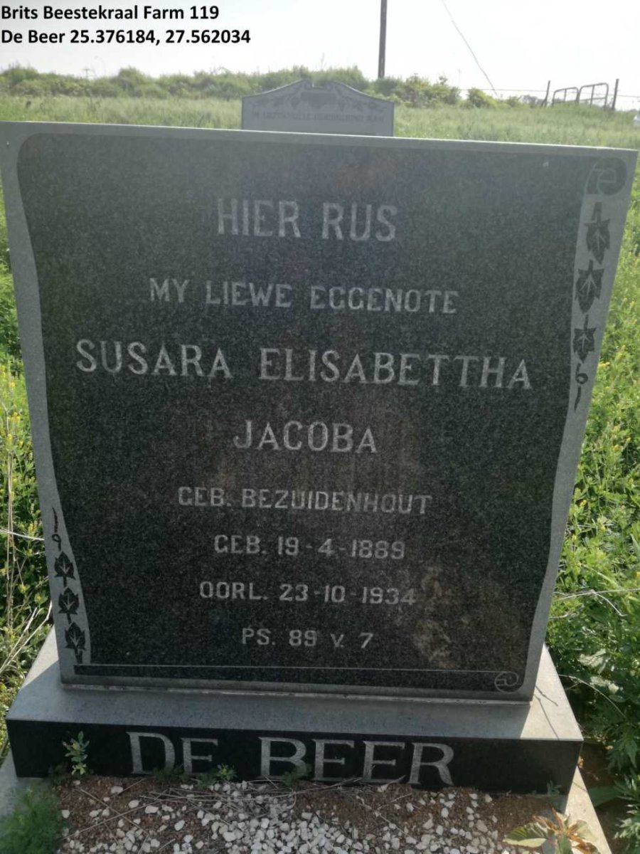 BEER Susara Elisabettha Jacoba, de nee BEZUIDENHOUT 1889-1934