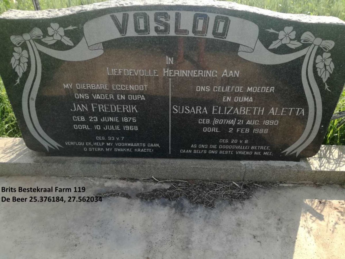 VOSLOO Jan Frederik 1875-1968 &amp; Susara Elizabeth Aletta BOTHA 1890-1988