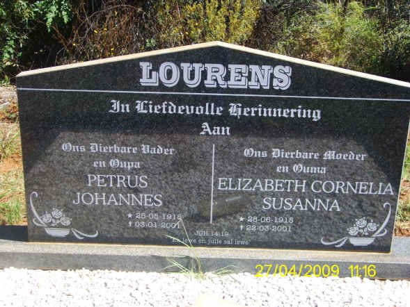 LOURENS Petrus Johannes 1915-2001 &amp; Elizabeth Cornelia Susanna 1915-2001