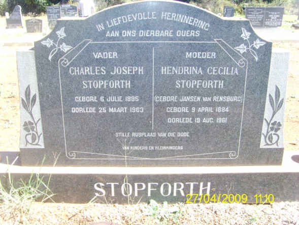 STOPFORTH Charles Joseph 1885-1963 &amp; Hendrina Cecilia JANSEN VAN RENSBURG 1884-1961
