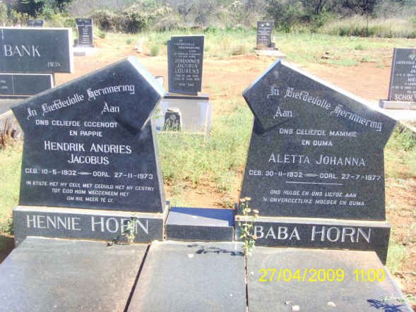 HORN Hendrik Andries Jacobus 19??-197? &amp; Aletta Johanna 19??-1977