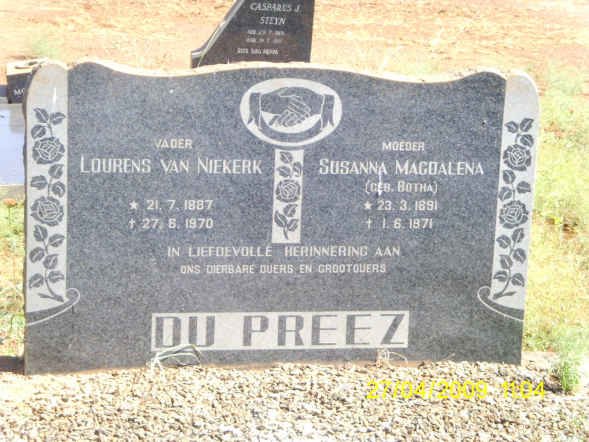 PREEZ Lourens van Niekerk, du 1887-1970 &amp; Susanna Magdalena BOTHA 1891-1971