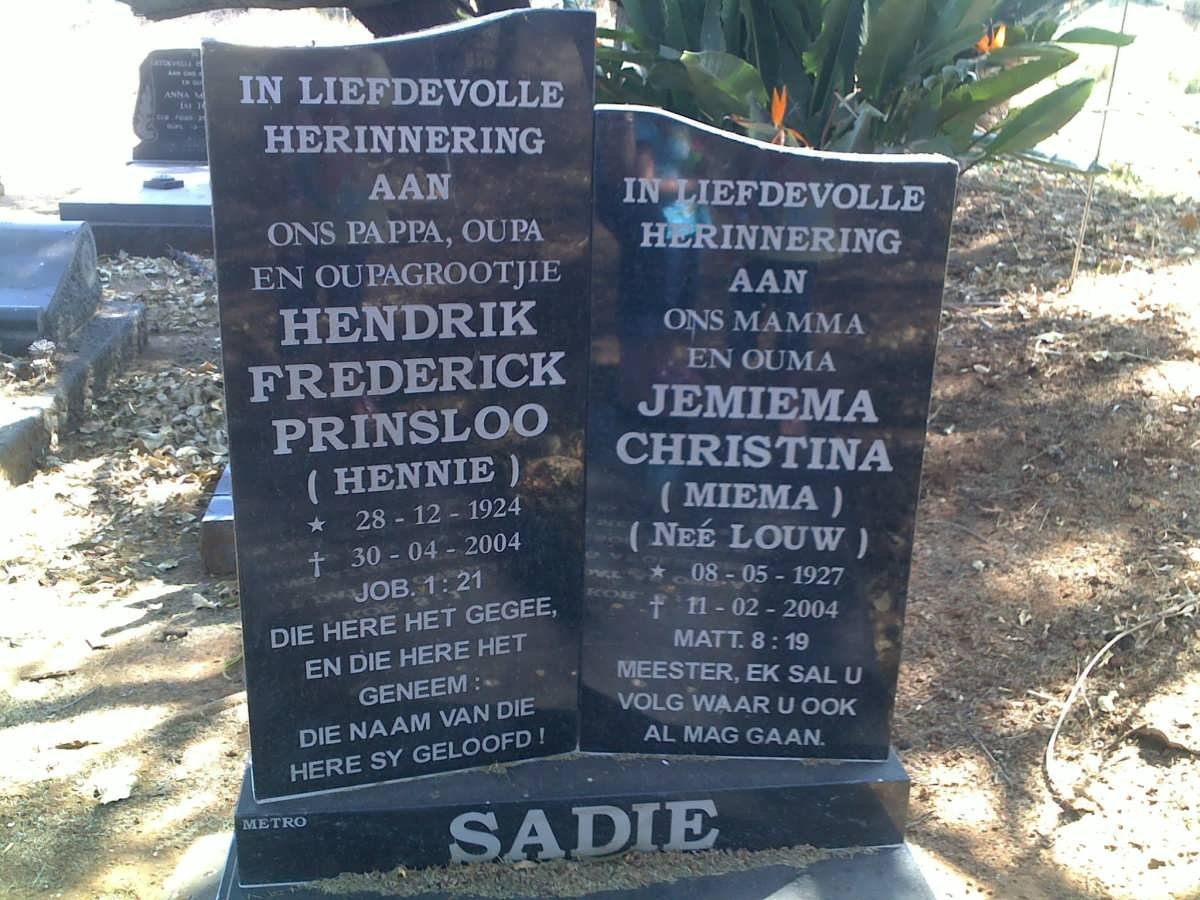 SADIE Hendrik Frederick Prinsloo 1924-2004 &amp; Jemiema Christina nee LOUW 1927-2004