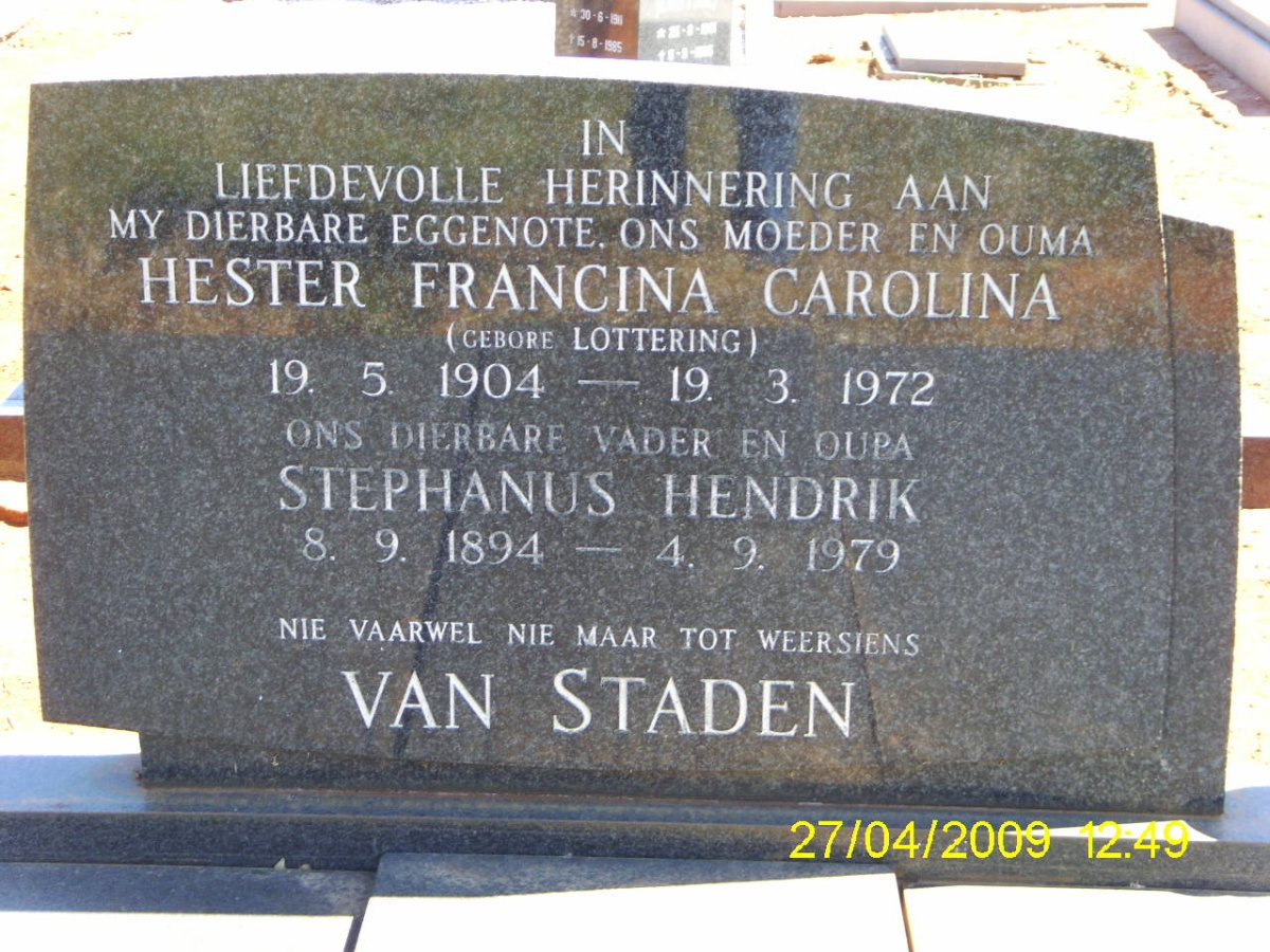 STADEN Stephanus Hendrik, van 1894-1979 &amp; Hester Francina Carolina LOTTERING 1904-1972
