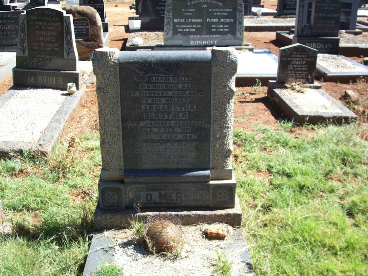MERWE Margaretha Dorothea, v.d. nee JANSEN v. RENSBURG 1891-1947