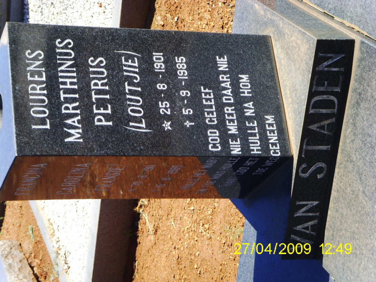 STADEN Lourens Marthinus Petrus, van 1901-1985