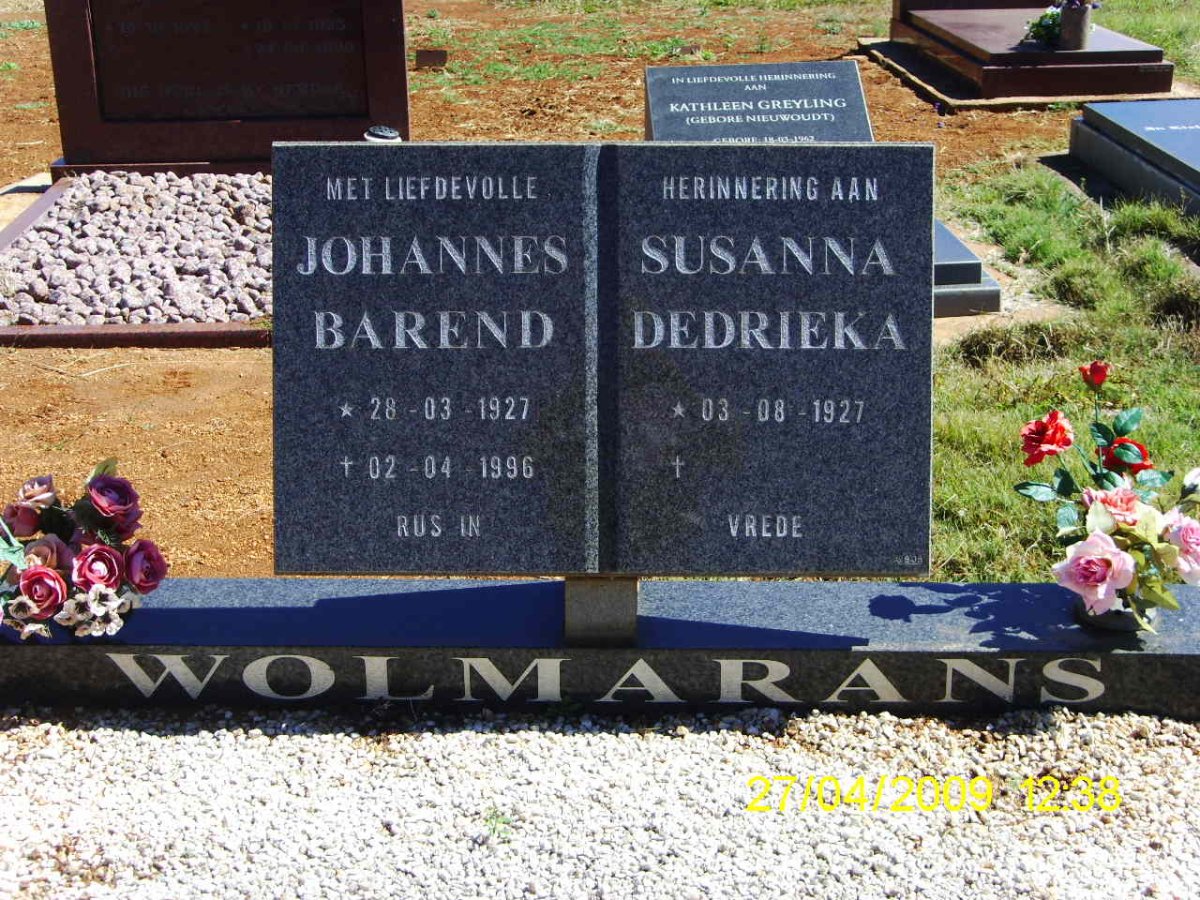 WOLMARANS Johannes Barend 1927-1996 &amp; Susanna Dedrieka 1927-