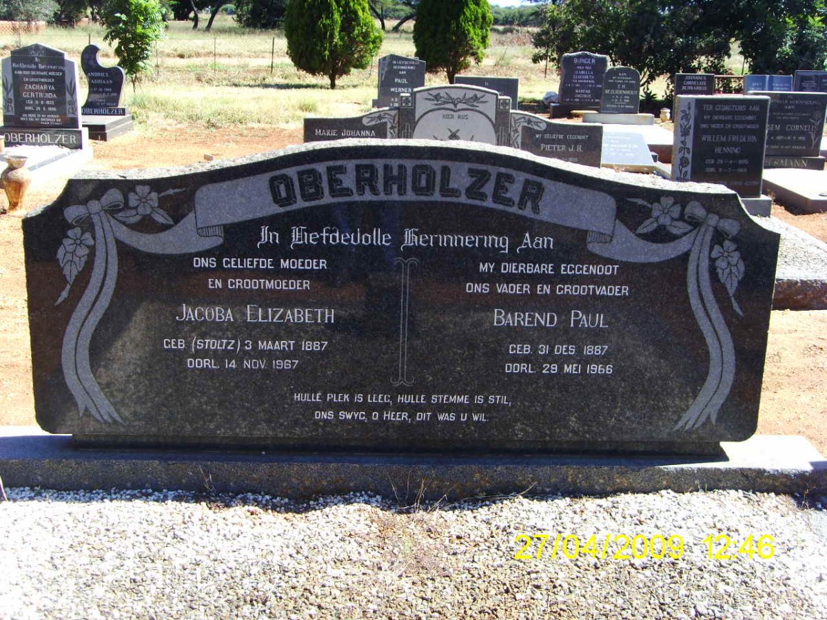 OBERHOLZER Barend Paul 1887-1966 &amp; Jacoba Elizabeth STOLTZ 1887-1967