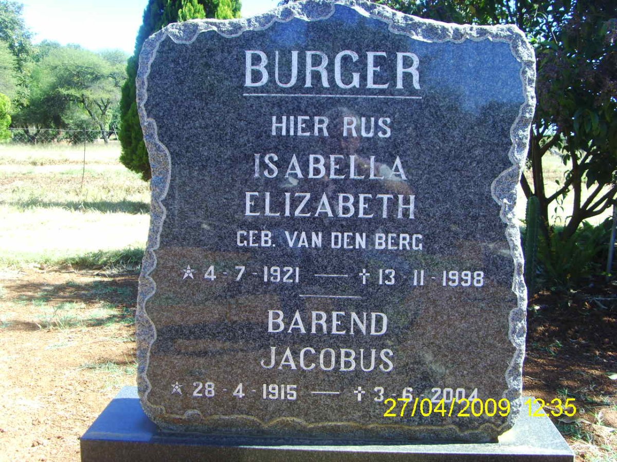 BURGER Barend Jacobus 1915-2004 &amp; Isabella Elizabeth VAN DEN BERG 1921-1998