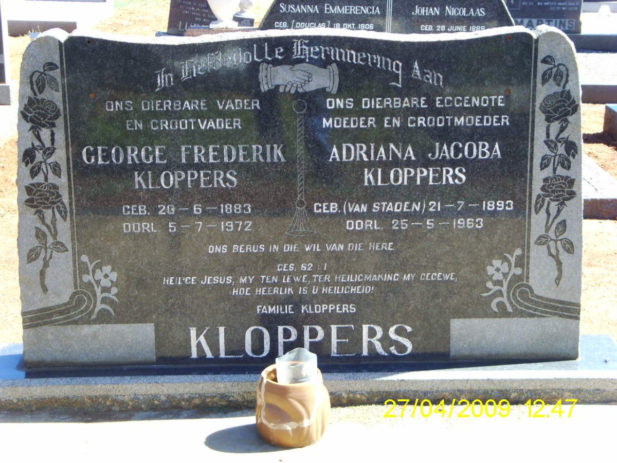 KLOPPERS George Frederik 1883-1972 &amp; Adriana Jacoba VAN STADEN 1893-1963