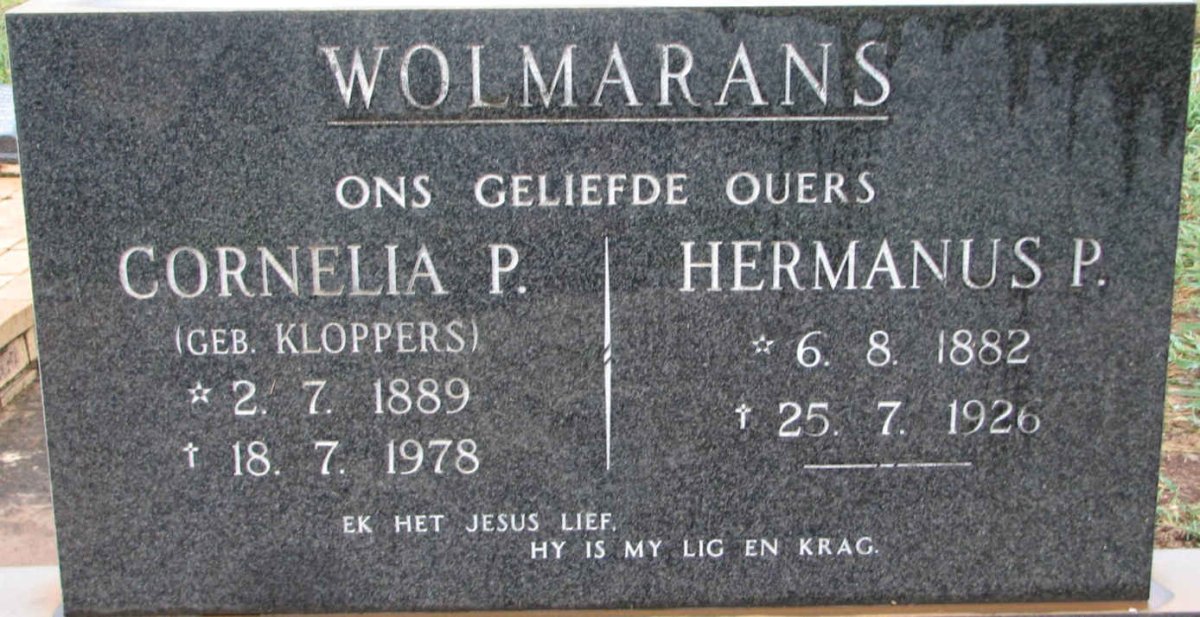 WOLMARANS Hermanus P. 1882-1926 &amp; Cornelia P. KLOPPERS  1889-1978