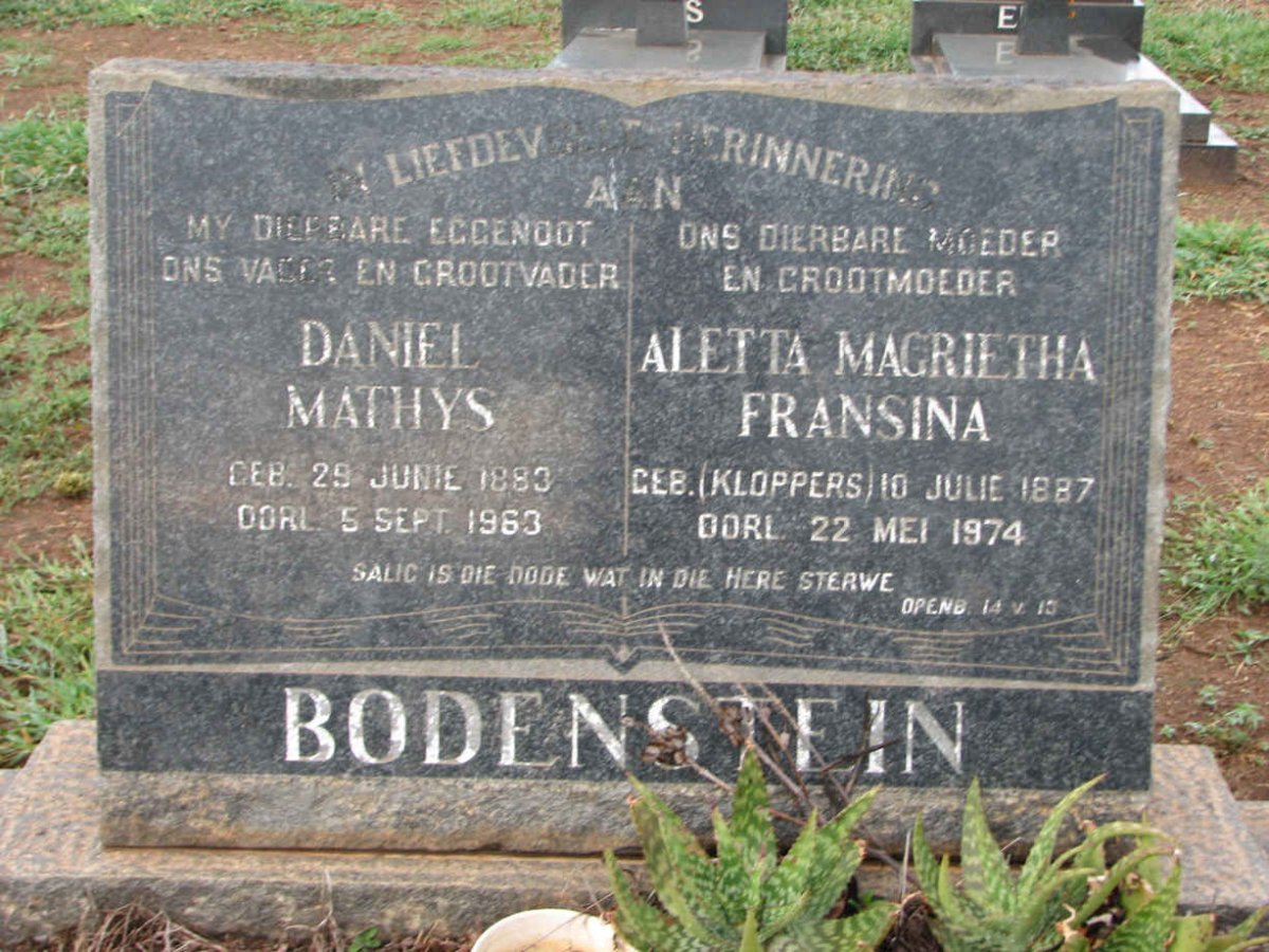 BODENSTEIN Daniel Mathys 1883-1963 &amp; Aletta Magrietha KLOPPERS 1887-1974
