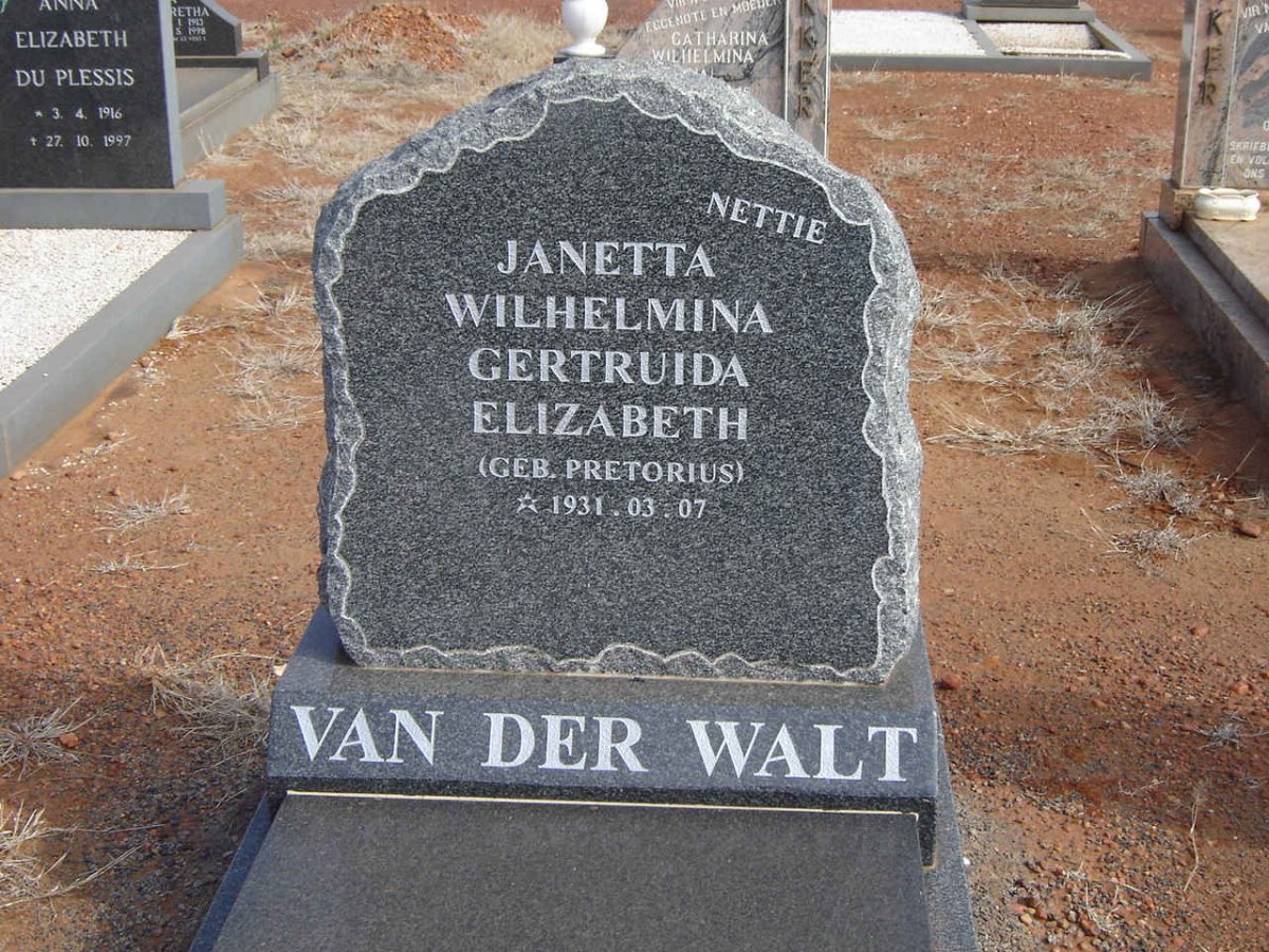 WALT Janetta Wilhelmina Gertruida Elizabeth, van der nee PRETORIUS 1931-