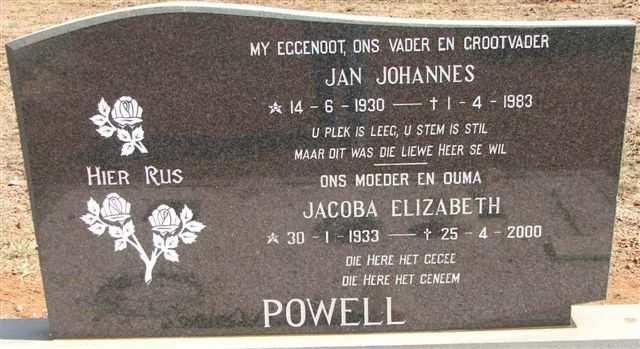 POWELL Jan Johannes 1930-1983 &amp; Jacoba Elizabeth 1933-2000