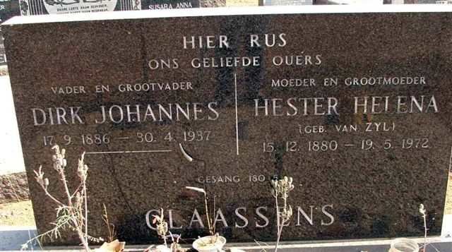 CLAASSENS Dirk Johannes 1886-1937 &amp; Hester Helena VAN ZYL 1880-1972