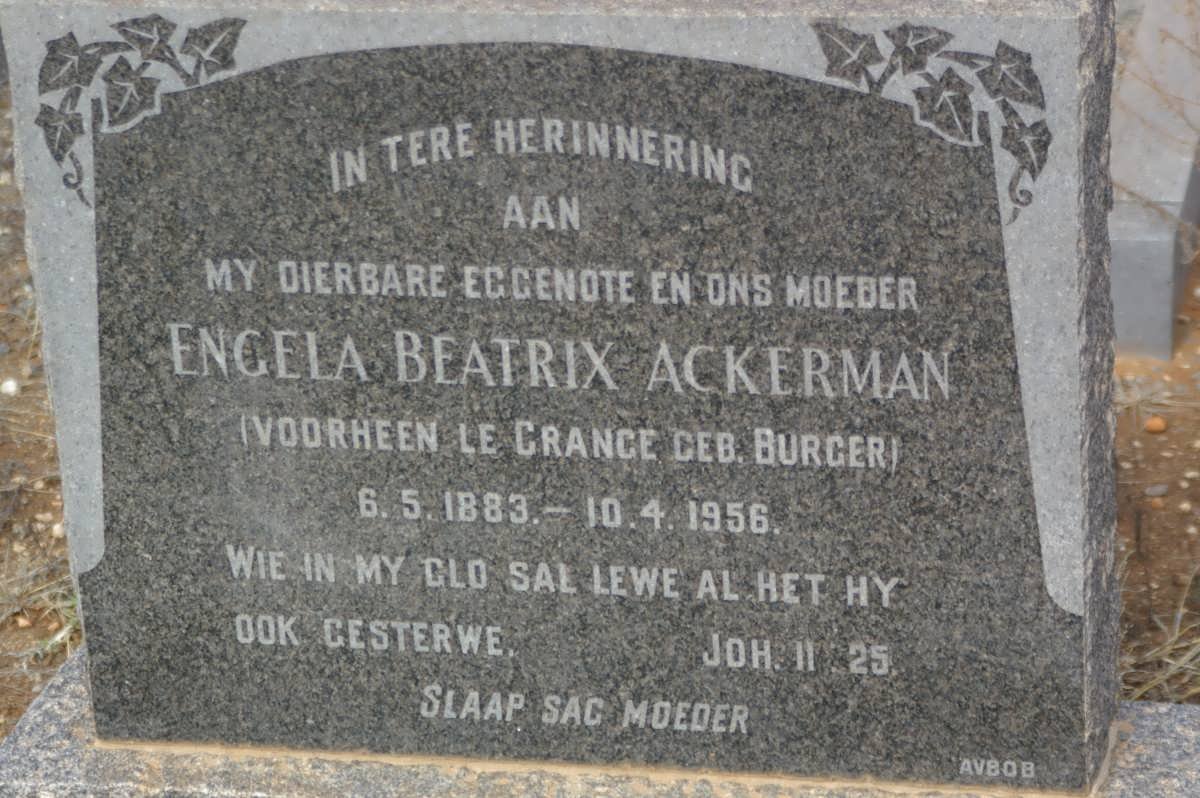 ACKERMAN Engela Beatrix voorheen le GRANGE nee BURGER 1883-1956