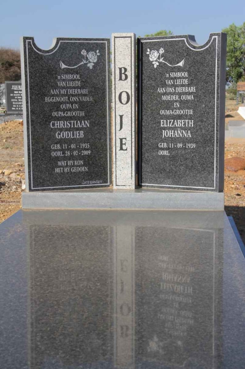 BOJE Christiaan Godlieb 1935-2009 &amp; Elizabeth Johanna 1939-
