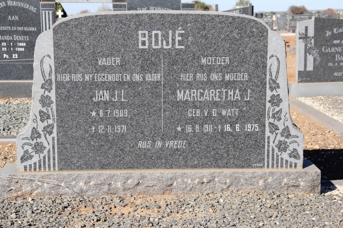 BOJÉ Jan J. L. 1909-1971 &amp; Margaretha J. v.d. WATT 1911-1975