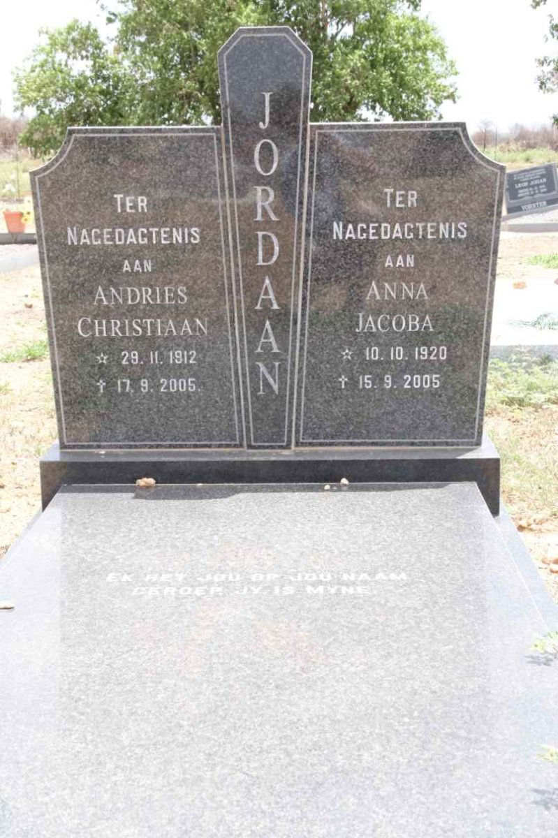 JORDAAN Andries Christiaan 1912-2005 &amp; Anna Jacoba 1920-2005