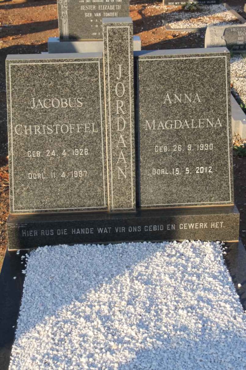 JORDAAN Jacobus Christoffel 1928-1987 &amp; Anna Magdalena 1930-2012