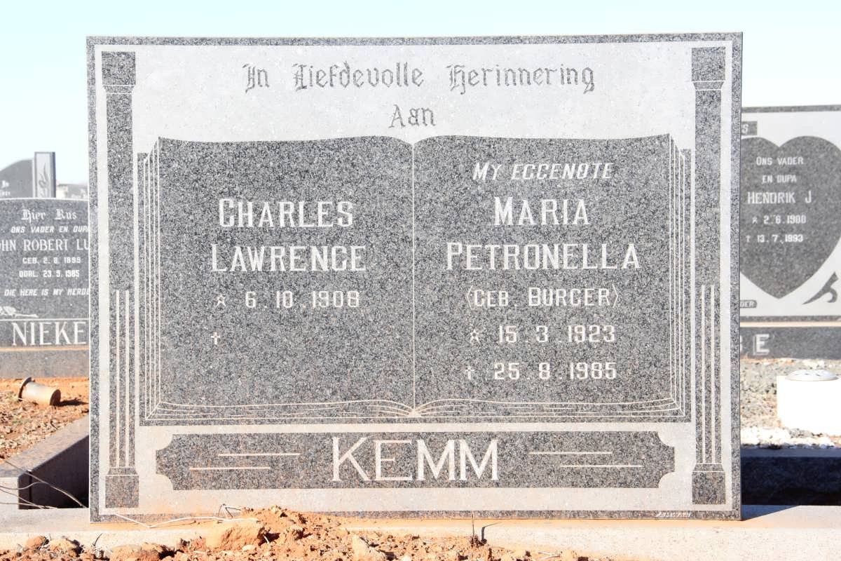 KEMM Charles Lawrence 1908- &amp; Maria Petronella BURGER 1923-1985