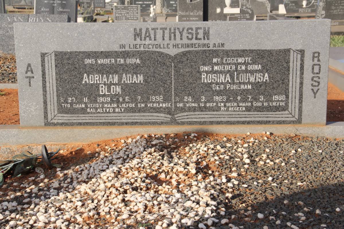 MATTHYSEN Adriaan Adam Blom 1909-1992 &amp; Rosina Louwisa POHLMAN 1923-1990
