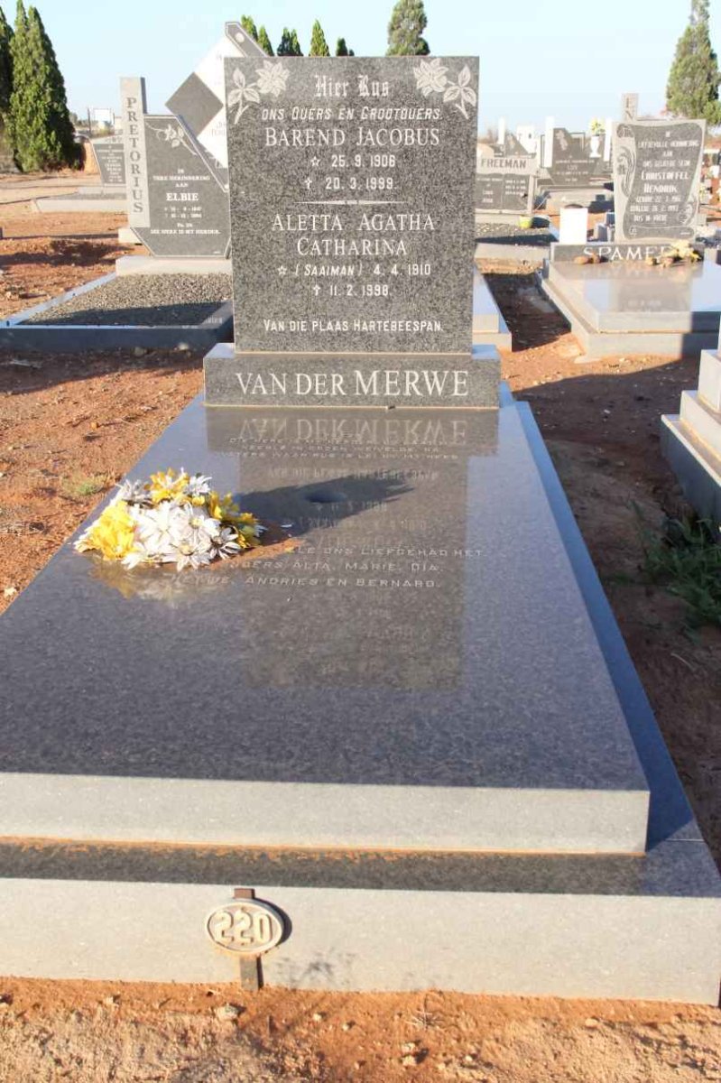 MERWE Barend Jacobus, van der 1906-1999 &amp; Aletta Agatha Catharina SAAIMAN 1910-1998