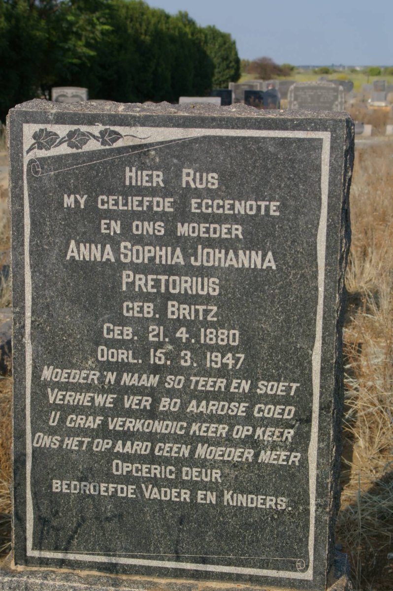 PRETORIUS Anna Sophia Johanna nee BRITZ 1880-1947