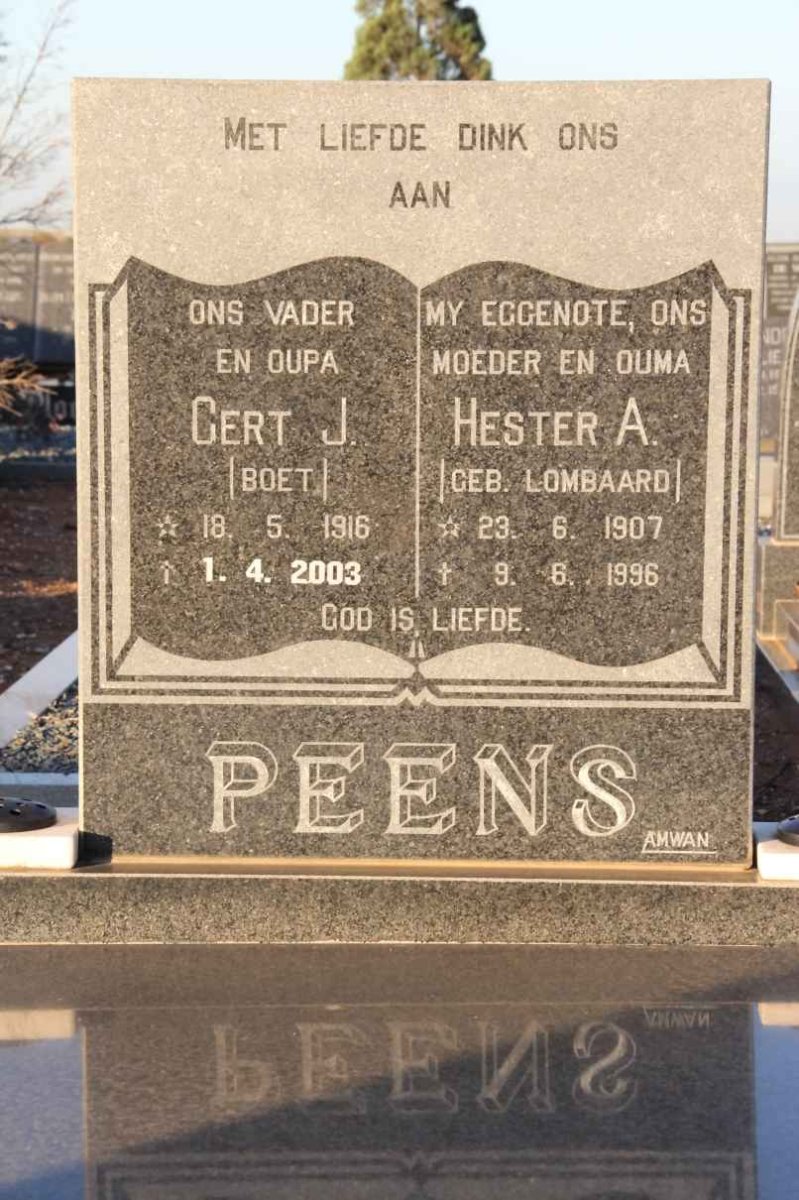 PEENS Gert J. 1916-2003 &amp; Hester A. LOMBAARD 1907-1998