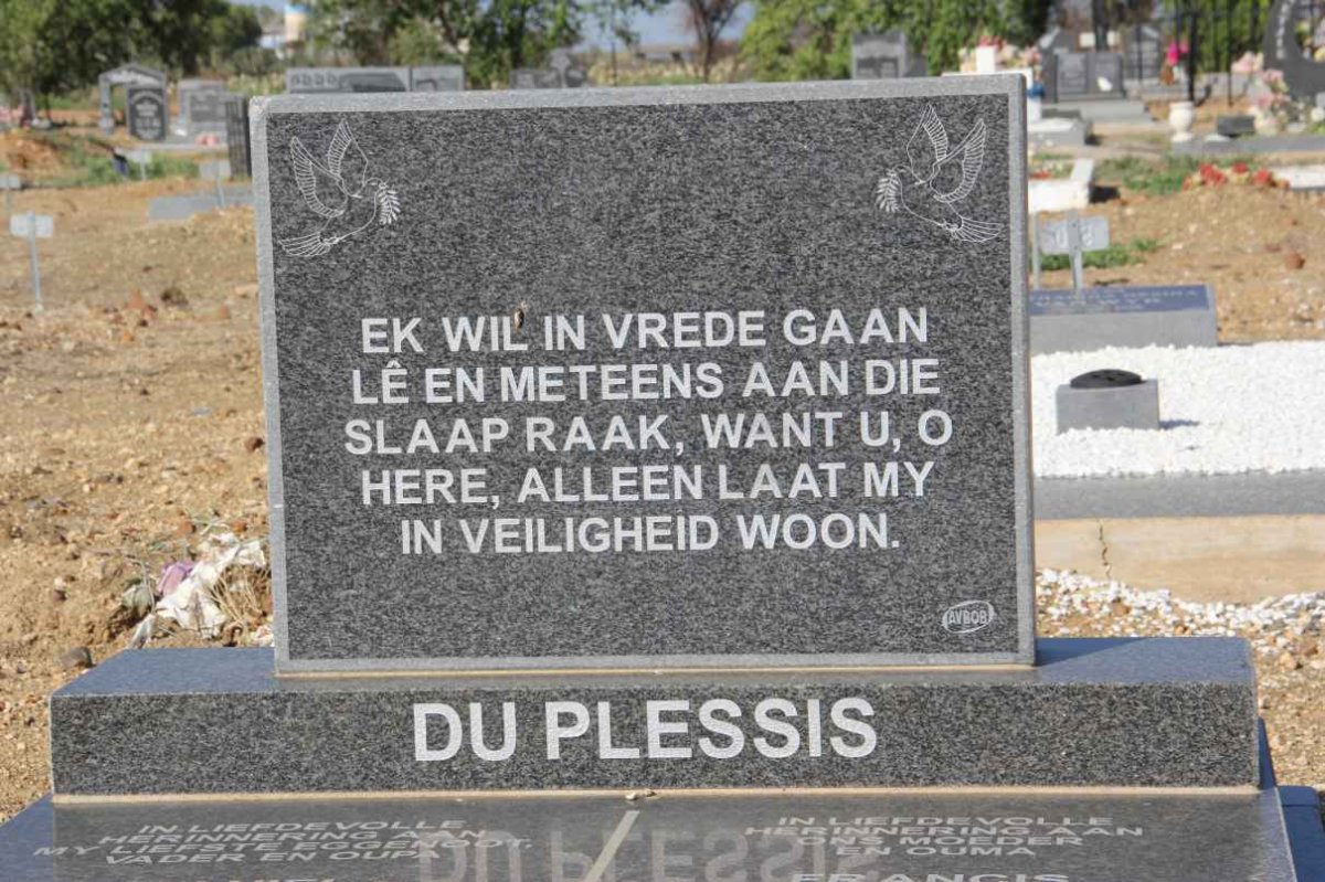 PLESSIS Daniel Stephanus, du 1941-2008 &amp; Francis Margaret 1943-