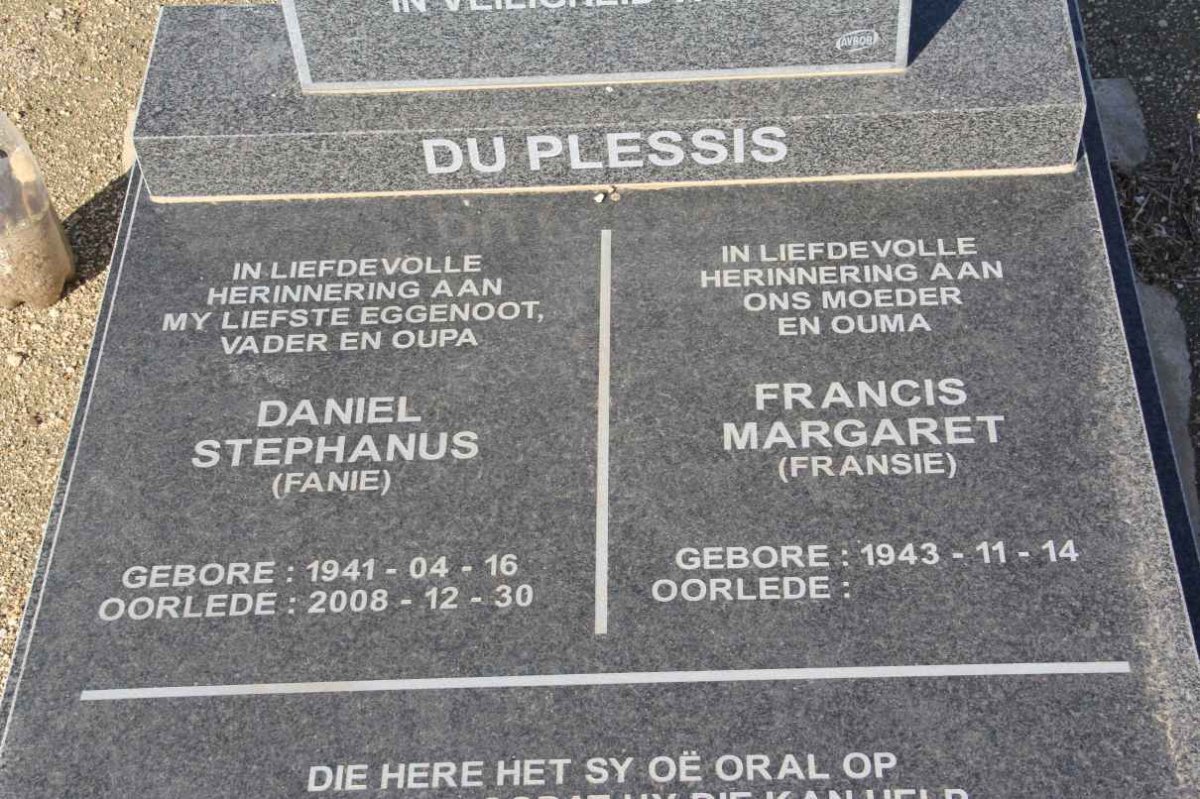 PLESSIS Daniel Stephanus, du 1941-2008 &amp; Francis Margaret 1943-