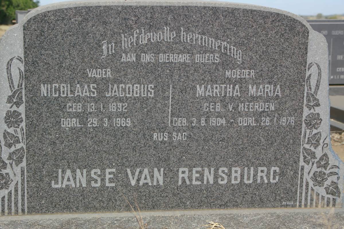 RENSBURG Nicolaas Jacobus, Janse van 1892-1969 &amp; Martha Maria V. HEERDEN 1904-1976