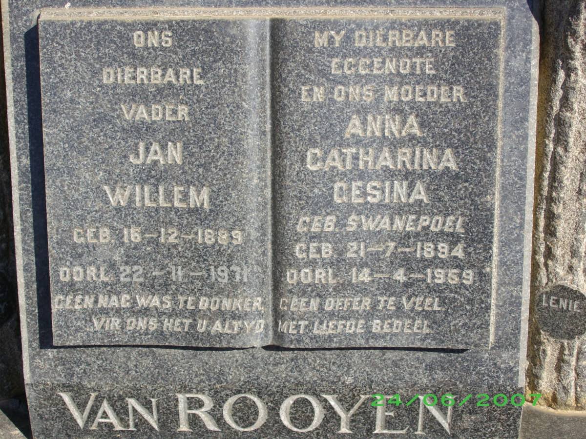 ROOYEN Jan Willem, van 1889-1971 &amp; Anna Catharina Gesina SWANEPOEL 1894-1959