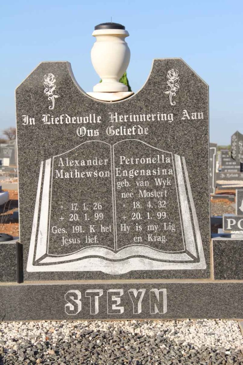 STEYN Alexander Mathewson 1926-1999 &amp; Petronella Engenasina VAN WYK voorheen MOSTERT 1932-1999