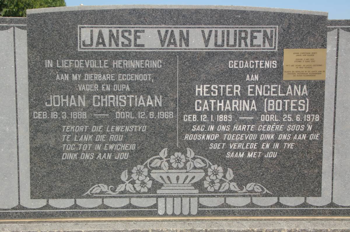 VUUREN Johan Christiaan, Janse van 1888-1968 &amp; Hester Engelana Catharina BOTES 1889-1978