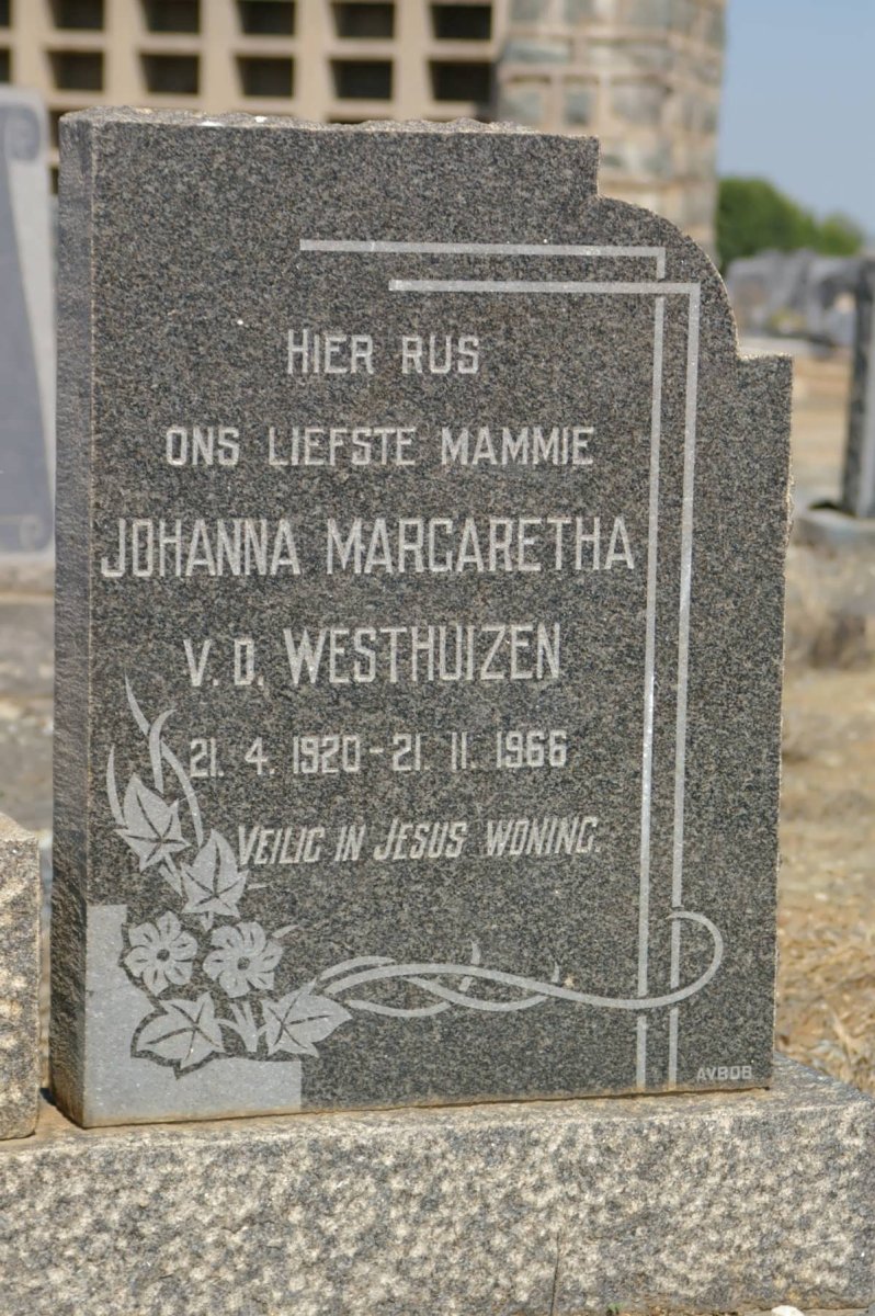 WESTHUIZEN Johanna Margaretha, v.d. 1920-1966