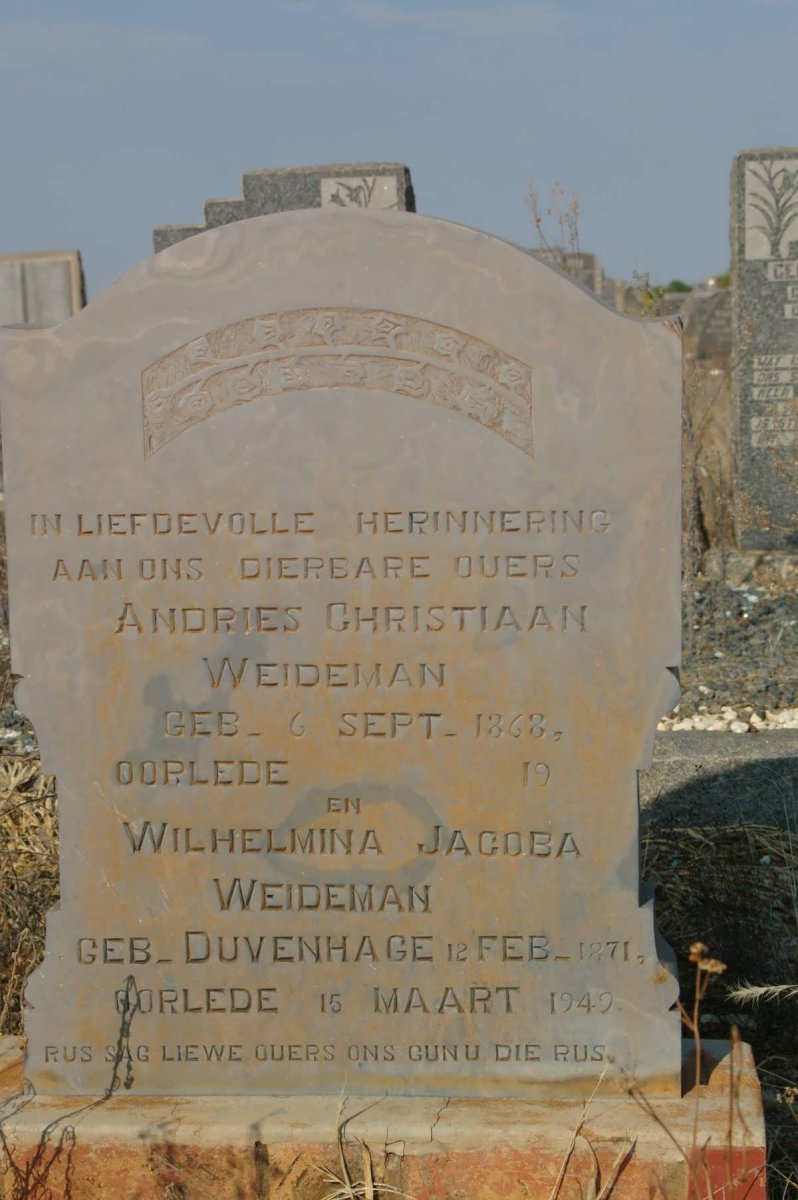 WEIDEMAN Andries Christiaan 1868- &amp; Wilhelmina Jacoba DUVENHAGE 1871-1949