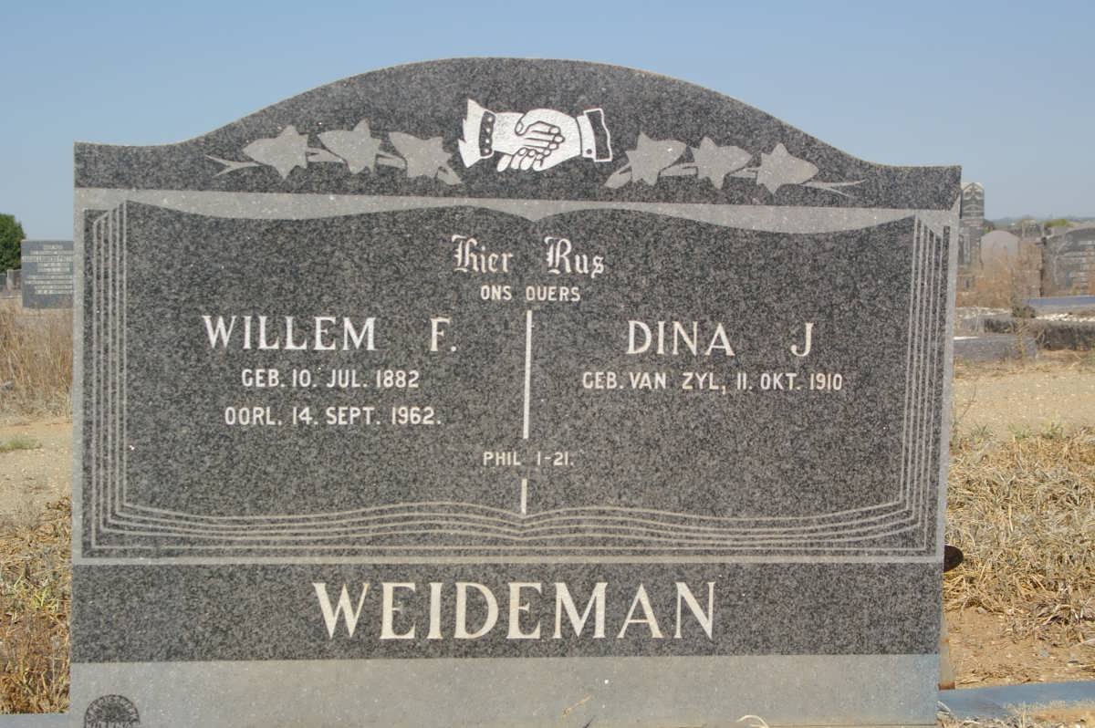 WEIDEMAN Willem F. 1882-1962 &amp; Dina J. van ZYL 1910-