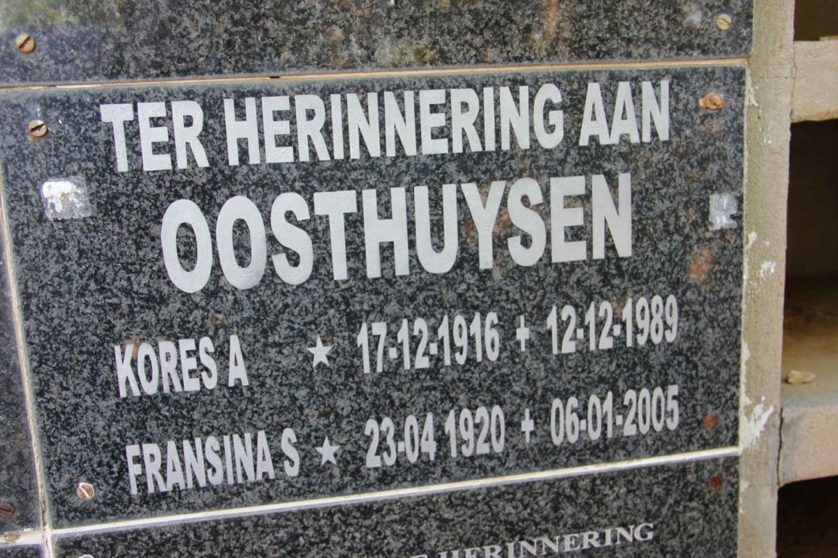 OOSTHUYSEN Kores A. 1916-1989 &amp; Fransina S. 1920-2005