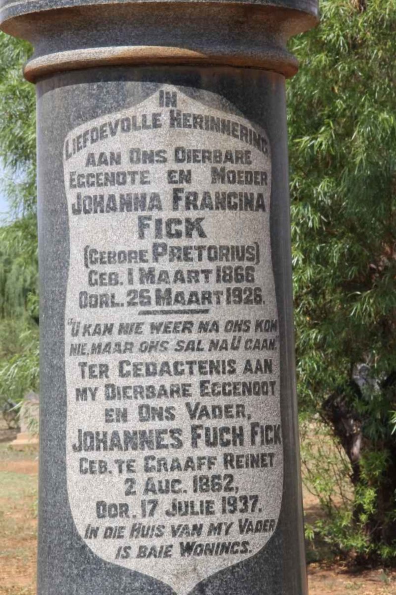 FICK Johannes Fuch 1862-1937 &amp; Johanna Francina PRETORIUS 1866-1926