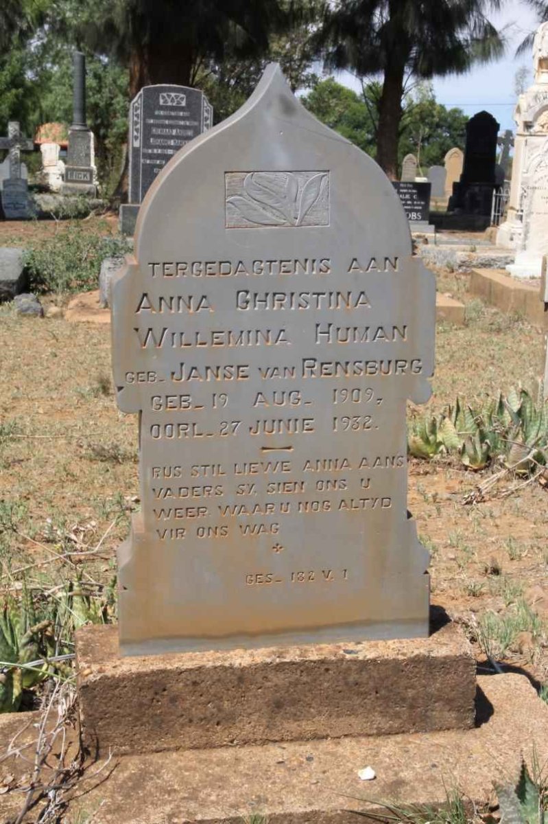 HUMAN Anna Christina Willemina nee Janse van RENSBURG 1909-1932