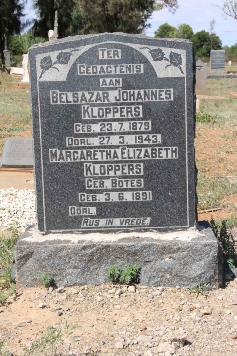 KLOPPERS Belsazar Johannes 1879-1943 &amp; Margaretha Elizabeth BOTES 1891-