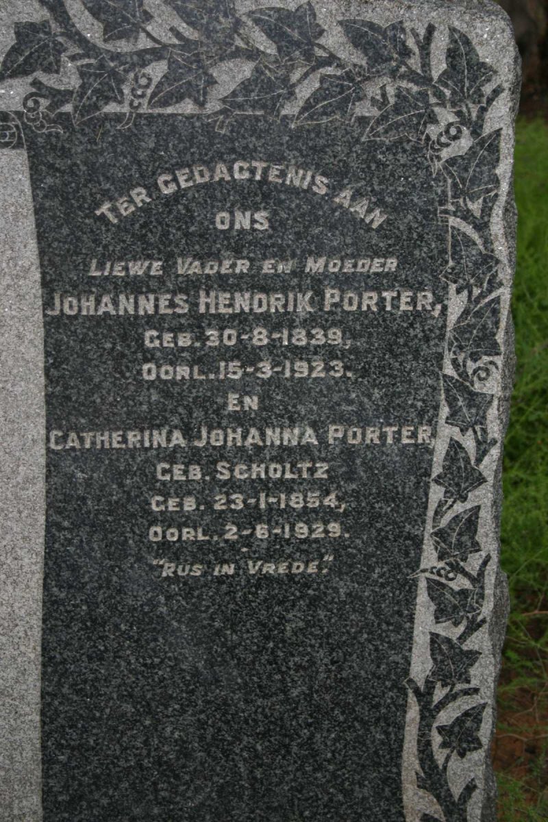 PORTER Johannes Hendrik 1839-1923 &amp; Catherina Johanna SCHOLTZ 1854-1929