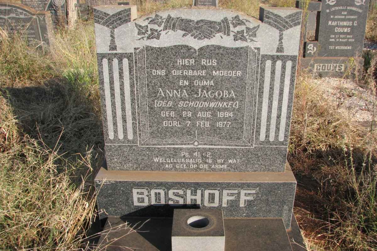 BOSHOFF Anna Jacoba nee SCHOONWINKEL 1894-1977